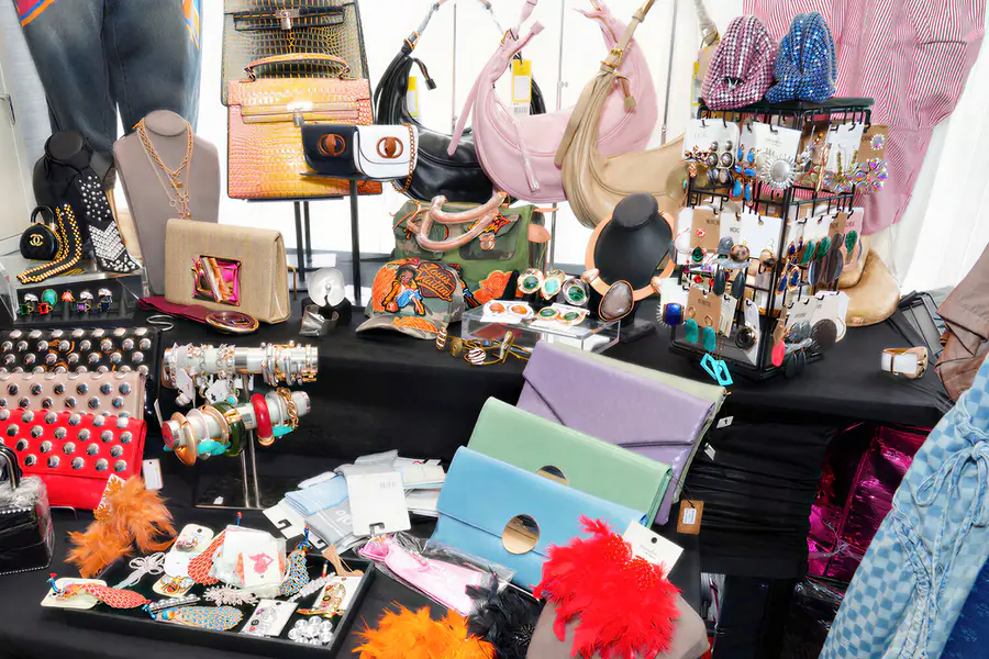 A bald person manages a vendor display featuring an assortment of colorful handbags, clutches, statement earrings on rotating stands, and various fashion accessories.